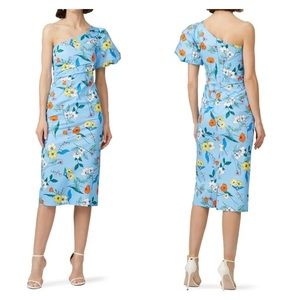 HUNTER BELL Margo One Shoulder Midi Dress Light Blue Floral Bodycon Size 0